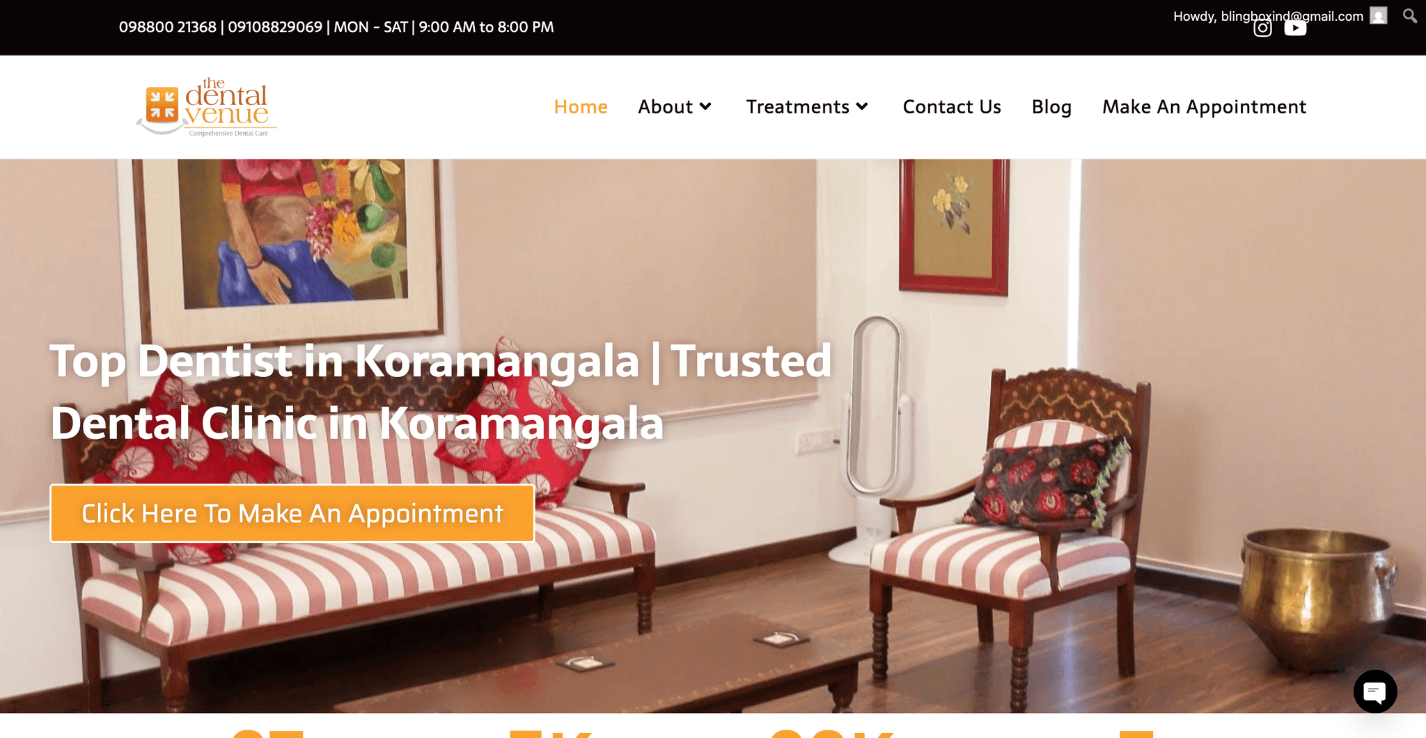 The Dental Venue homepage showing the clinic reception with an appointment booking call to action