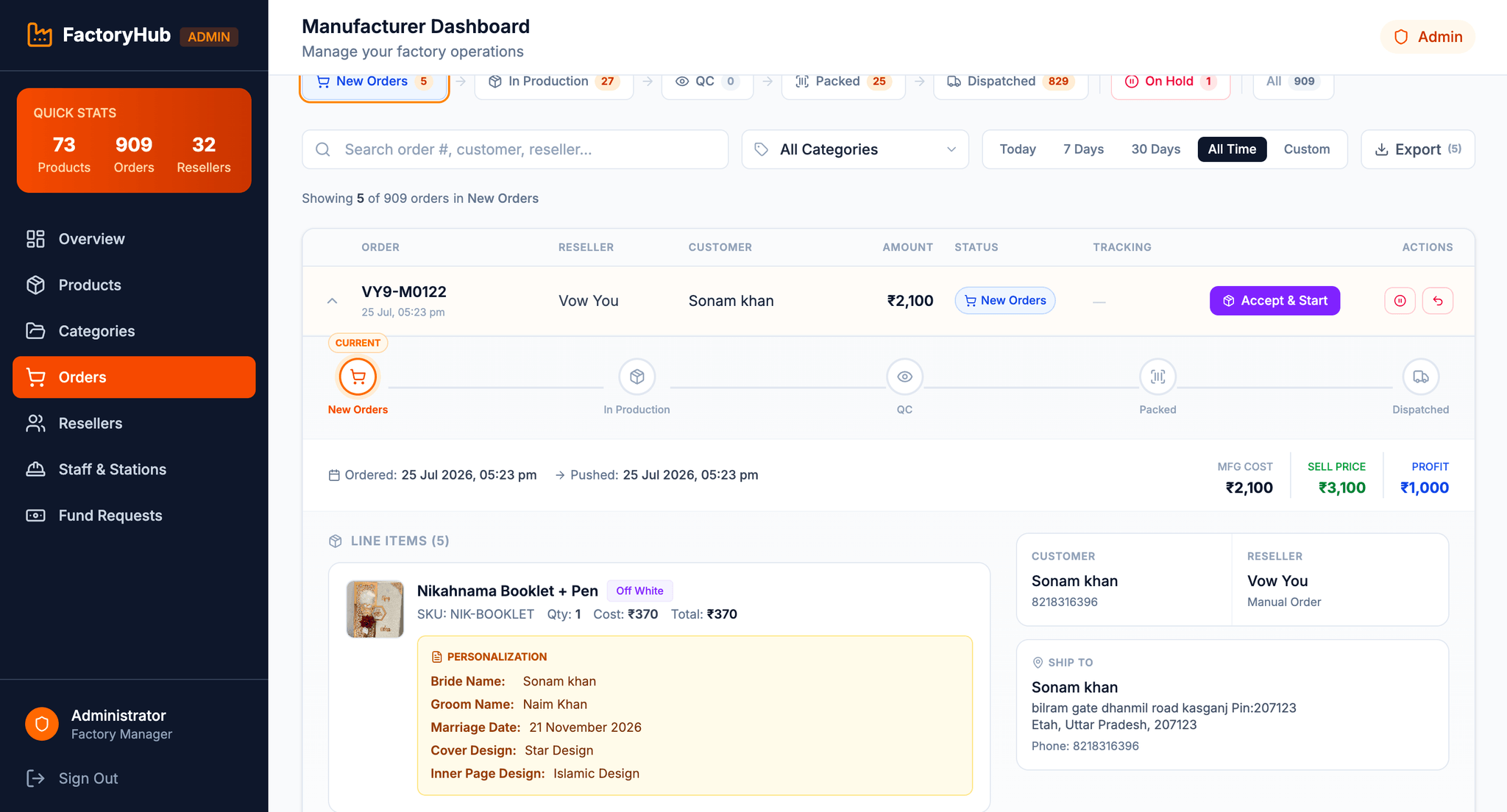 Factory Hub manufacturer dashboard showing an order pipeline from new orders through production, QC, packed and dispatched